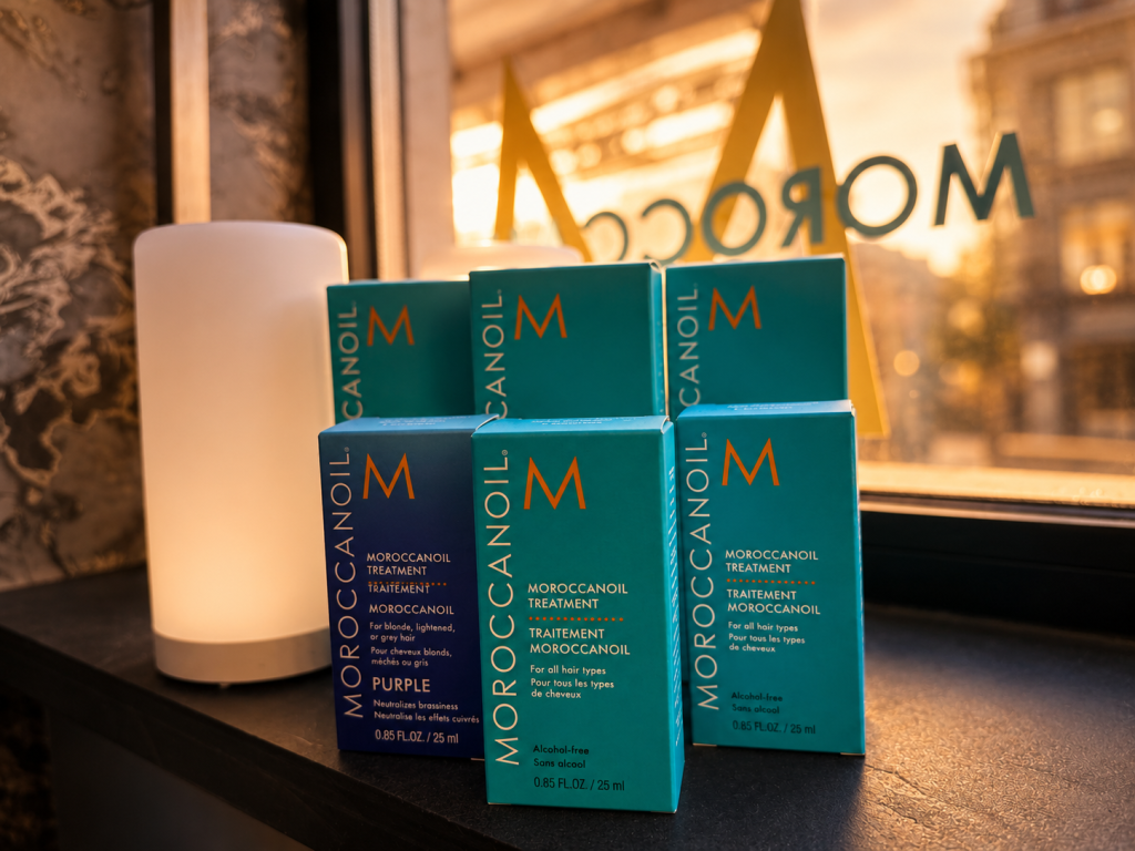 Professional Moroccanoil haircare products displayed at Sisters Hair & Beauty salon in Tavistock, Devon.