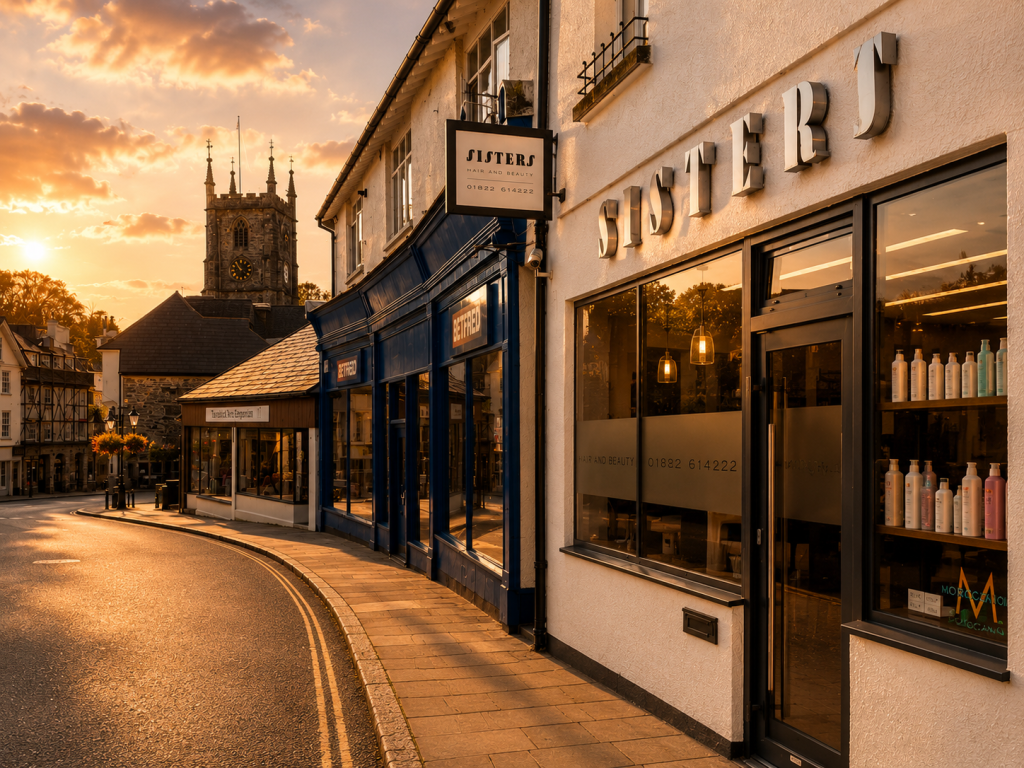 Exterior of Sisters Hair & Beauty, a luxury hair and beauty salon in Tavistock, Devon, photographed at sunset.